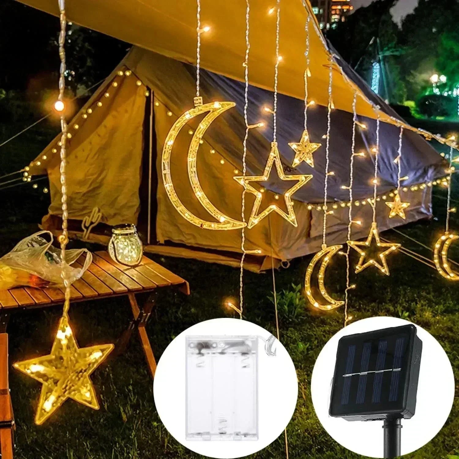 Luzes de Fada Estrela e Lua LED Solar - Encanto Natalino