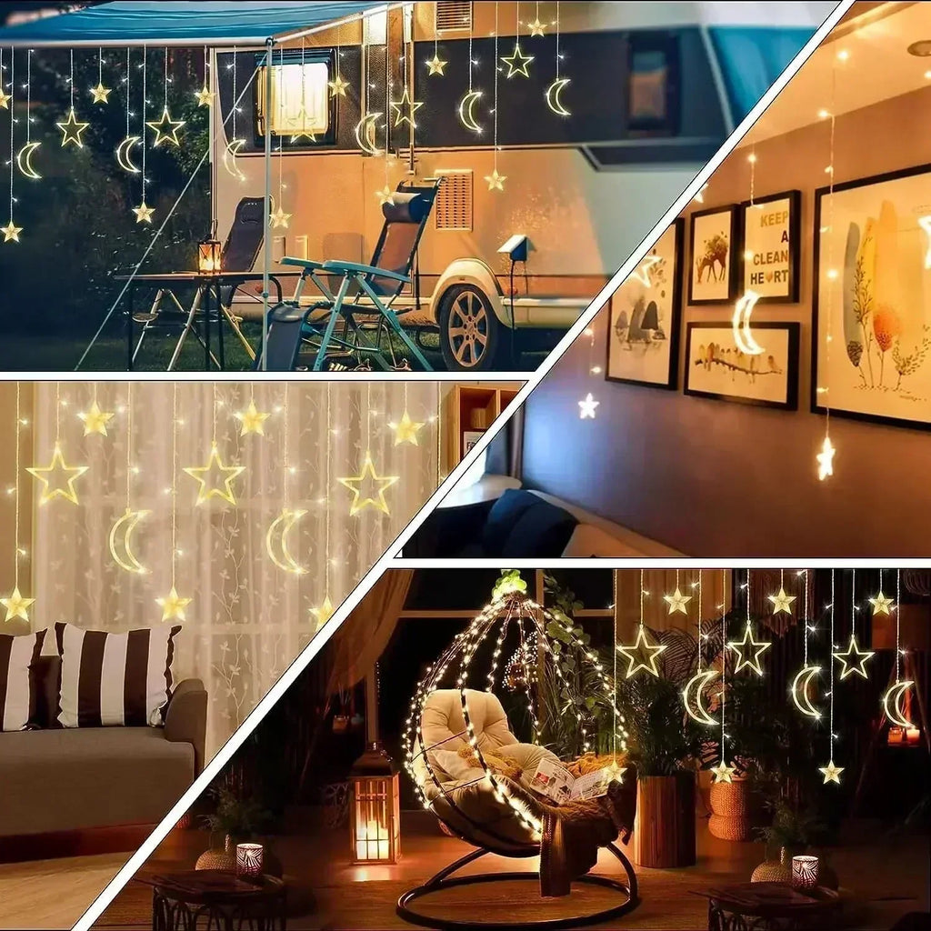 Luzes de Fada Estrela e Lua LED Solar - Encanto Natalino