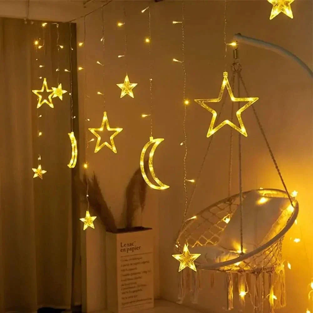 Luzes de Fada Estrela e Lua LED Solar - Encanto Natalino